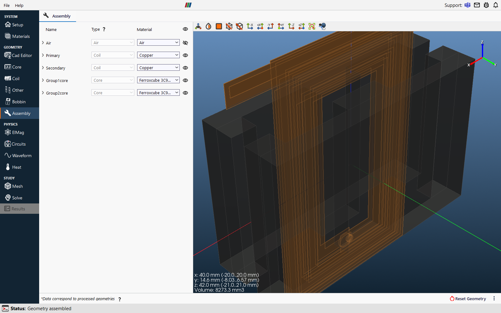 Assembly tab with Copper on both windings and ferrite on both core halves, and the assembled model in the 3D view