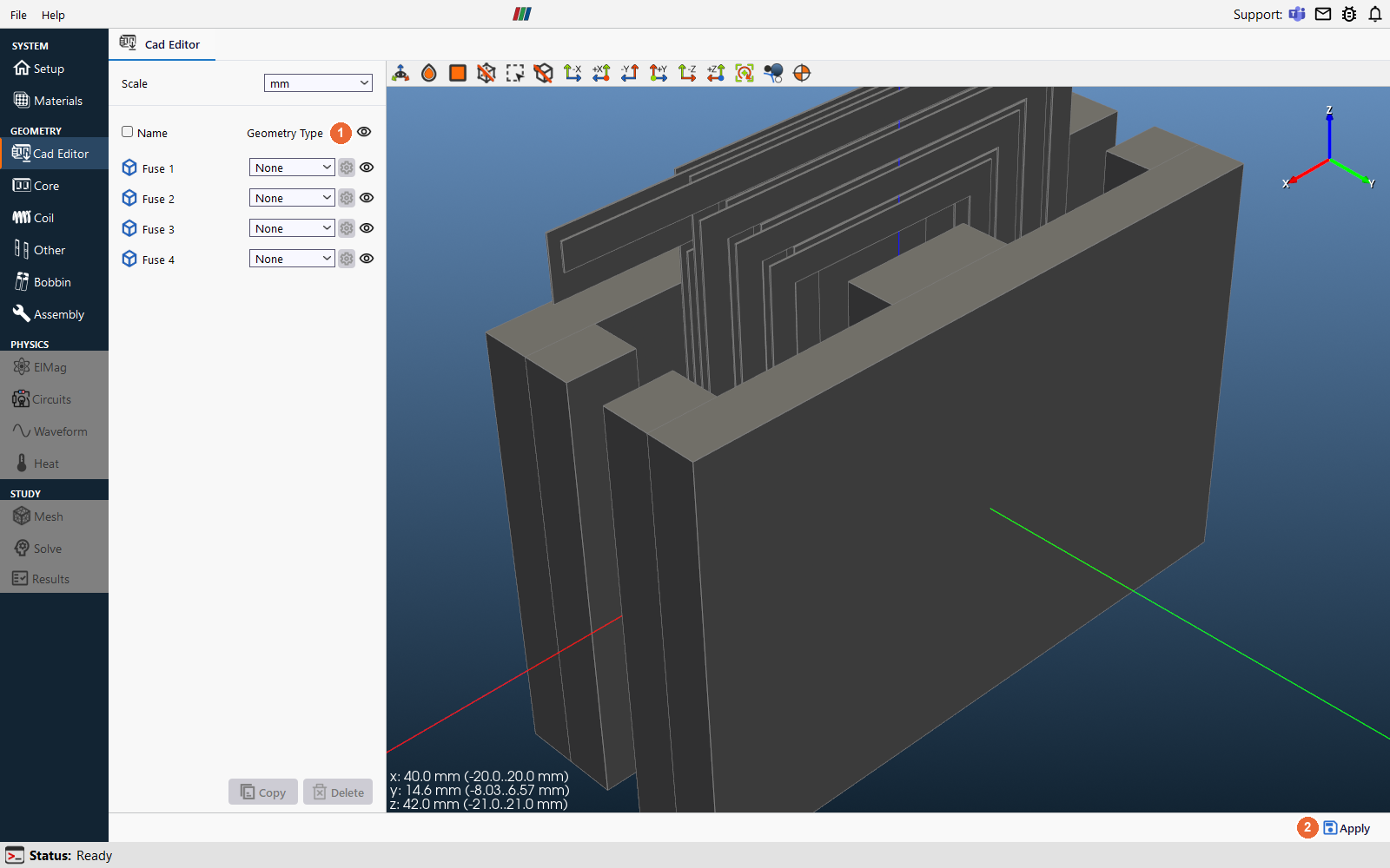 Cad Editor with the four fused solids Fuse 1 to Fuse 4 and the windings between the two core halves in the 3D view