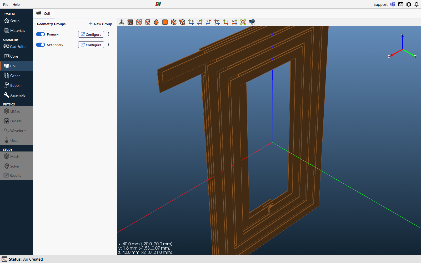 Coil tab with the groups Primary and Secondary and both windings in the 3D view