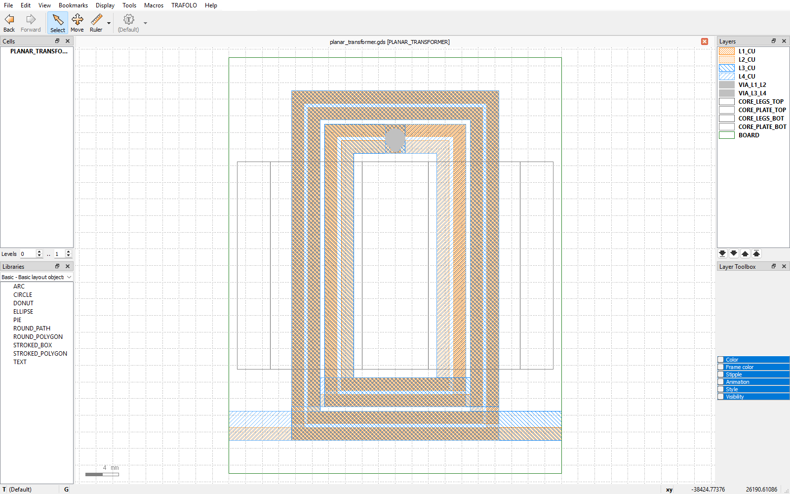 KLayout with the planar transformer example open, its named layers on the right and the TRAFOLO menu in the menu bar