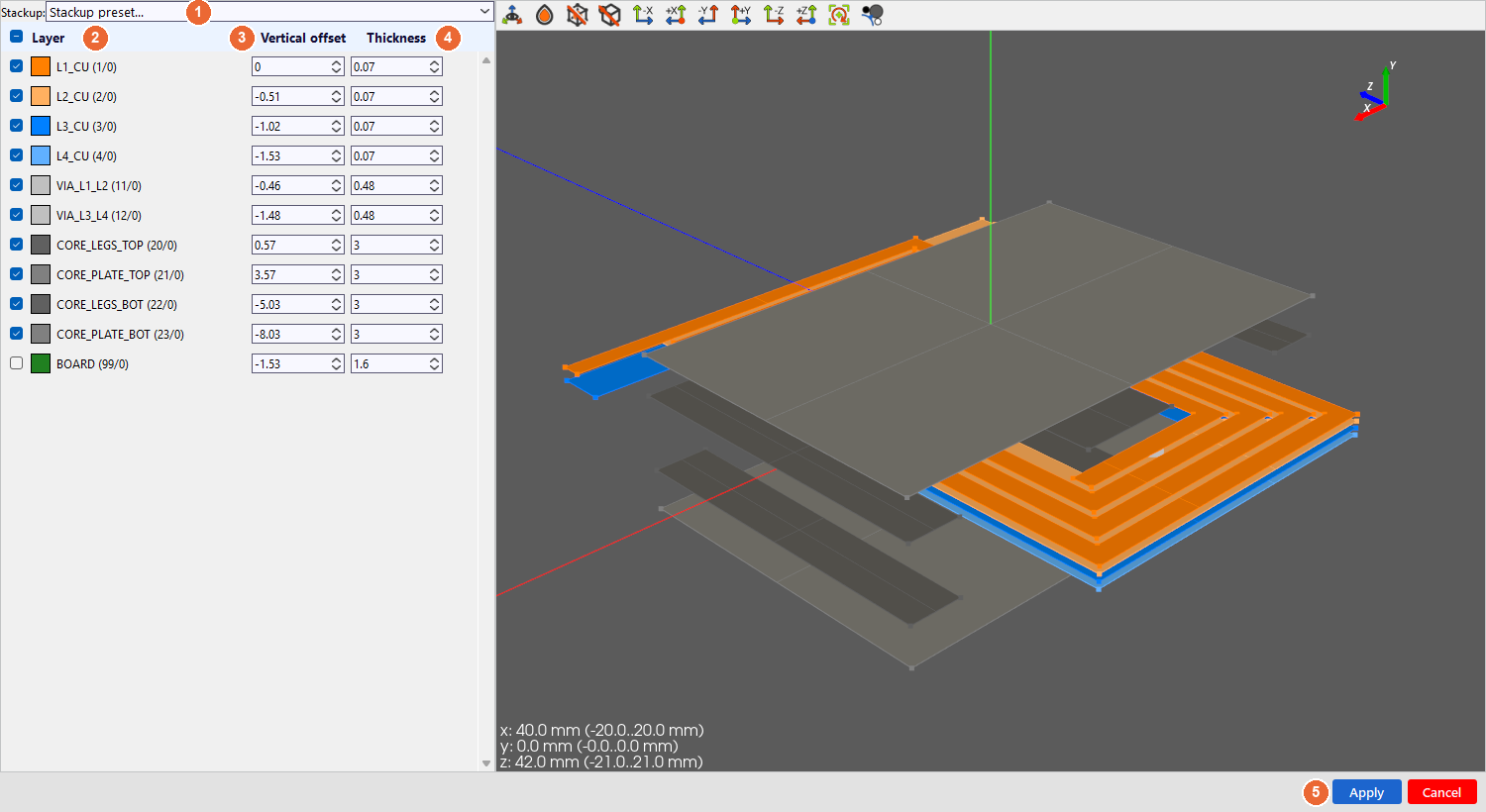 TRAFOLO layer import dialog with the layers, vertical offsets and thicknesses on the left and a 3D preview of the layers on the right