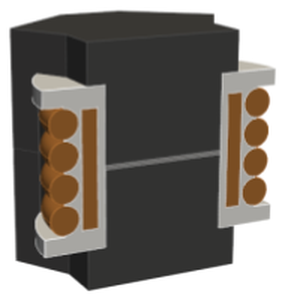 Flyback Transformer model cut open with core, bobbin, primary block and four round secondary turns