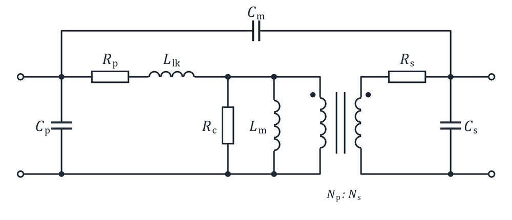 Transformer equivalent circuit with winding resistances, leakage and magnetizing inductance, core loss resistance and three capacitances