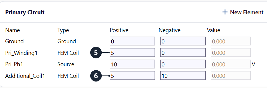 Primary Circuit table with the Positive and Negative node numbers of Pri_Winding1 and Additional_Coil1
