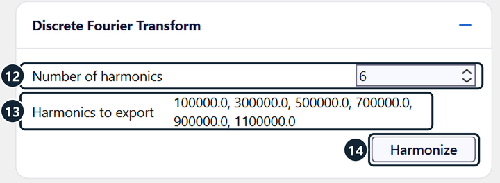 Discrete Fourier Transform card of the Dual Active Bridge with six harmonics and the Harmonize button