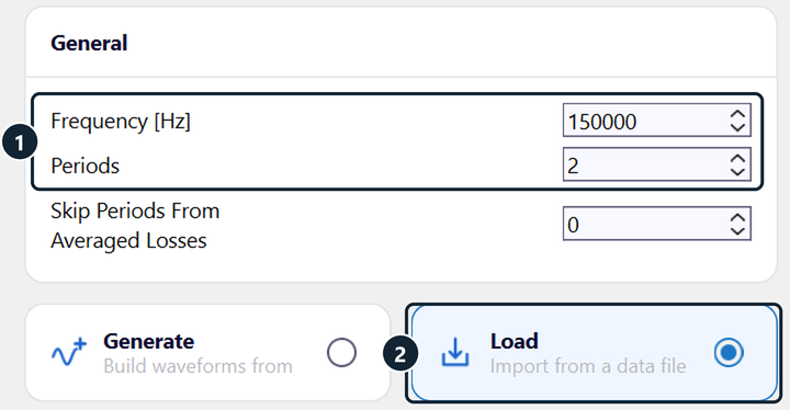 General card with Frequency 150000 Hz and Periods 2 and the Load option selected