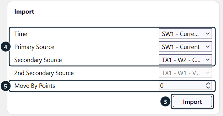 Import card with the time, primary and secondary columns, Move By Points and the Import button