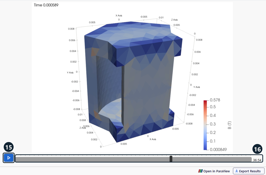 Magnetic flux density in the flyback core at one time step with the play button and the frame slider
